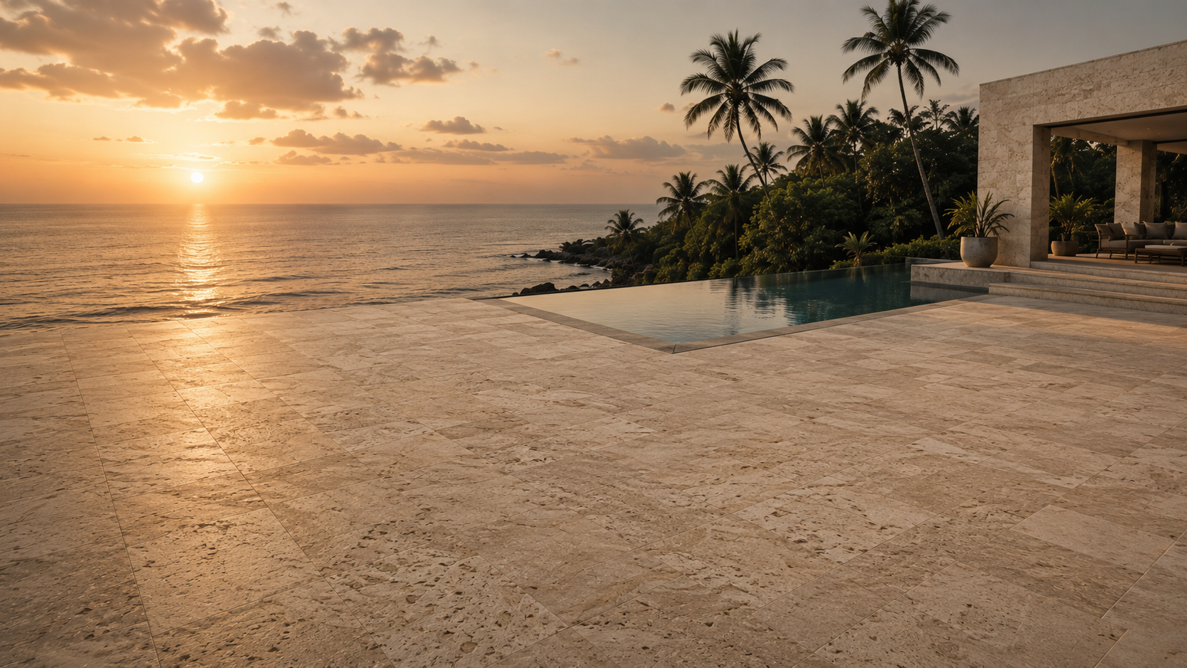 Travertine terrace at sunset overlooking an infinity pool and the sea